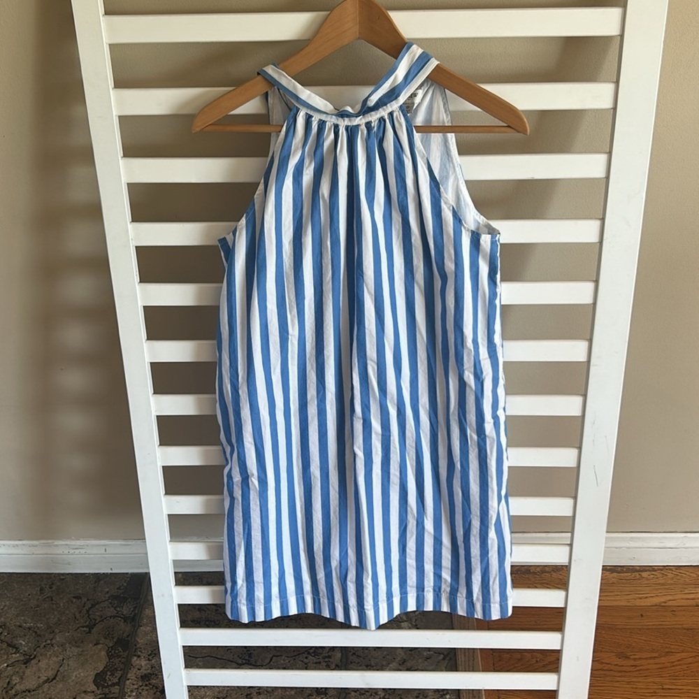 J Crew Tie-neck Cotton Mini Shift Dress Blue and White Stripes Size 0